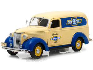 "Genuine Chevrolet Parts" 1939 Chevy Panel Truck 1:24 Scale - Greenlight Diecast Model Car (Creme/Blue)