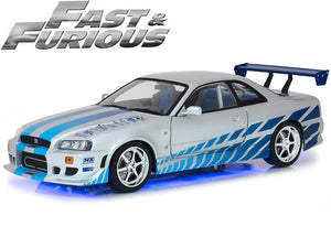 "Fast & Furious" Brian's Nissan Skyline GT-R (R34) w/ Lights 1:18 Scale - Greenlight Diecast Model (Silver/Blue)