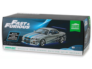 "Fast & Furious" Brian's Nissan Skyline GT-R (R34) w/ Lights 1:18 Scale - Greenlight Diecast Model (Silver/Blue)