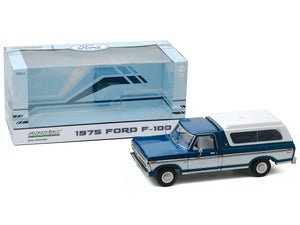 1975 Ford F-100 Ranger w/ Canopy Pickup 1:18 Scale - Greenlight Diecast Model Car (Blue)